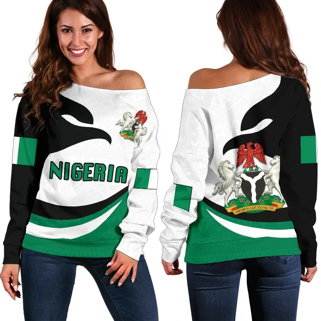 Women off-shoulder sweater with Nigeria flag graphic, white/green/black long sleeves