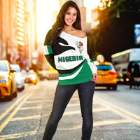 Women off-shoulder sweater with Nigeria graphic, wide neckline; white/green/black sleeves