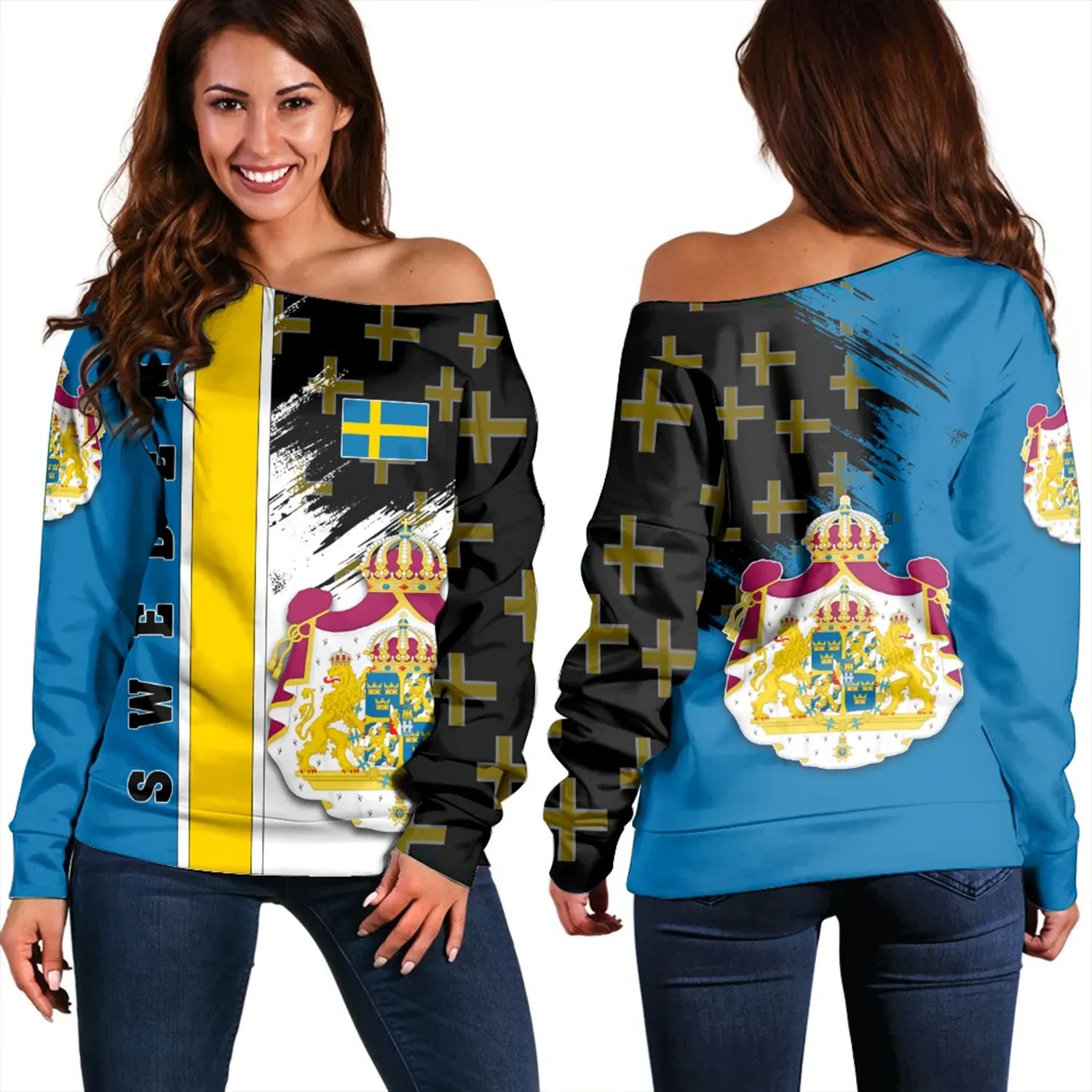 Sweden Coat Of Arms Women's Off Shoulder Sweater Flag Style RLT7 - Wonder Print Shop