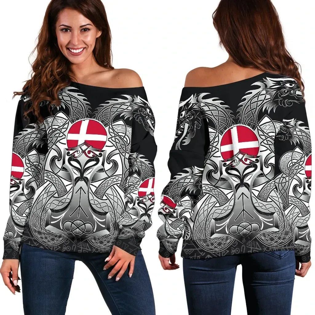 Viking Women's Off Shoulder Sweater, Denmark Mjolnir and Double Dragon RLT13 - Wonder Print Shop