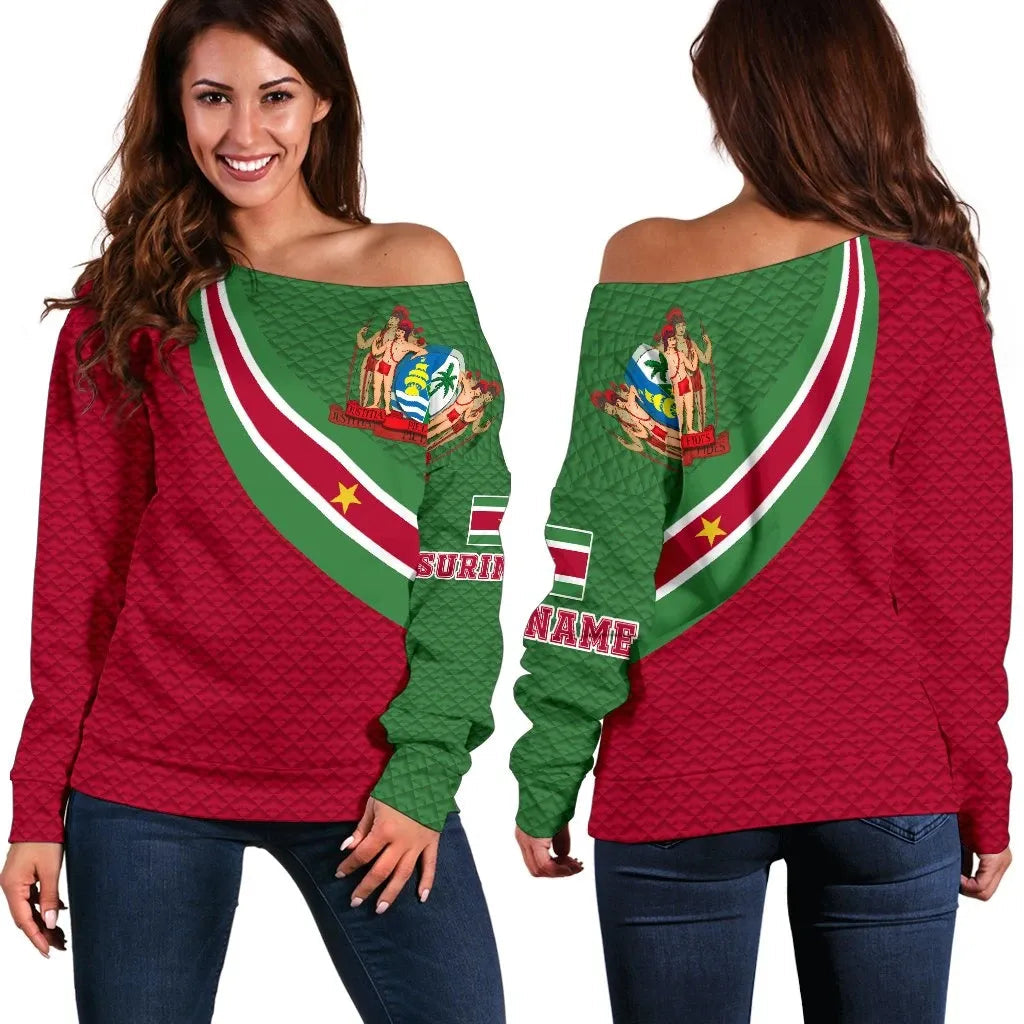 Suriname Women's Off Shoulder Sweater Suriname Coat Of Arms and Flag Color RLT7 - Wonder Print Shop