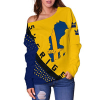 Yellow off-shoulder sweatshirt with large blue Sweden map graphic and blue sleeve accents
