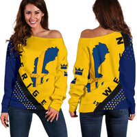 Women’s off-shoulder sweater in yellow with blue Sweden map and dark blue dotted sleeves