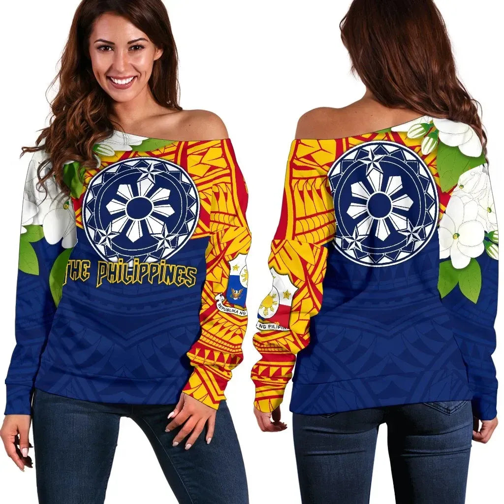 The Philippines Women's Off Shoulder Sweater, Filipino Sampaguita RLT6 - Wonder Print Shop