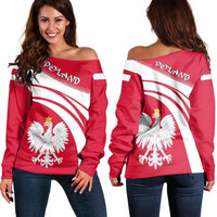 Red off-shoulder sweatshirt with Poland eagle crest, white curved stripes (front/back)