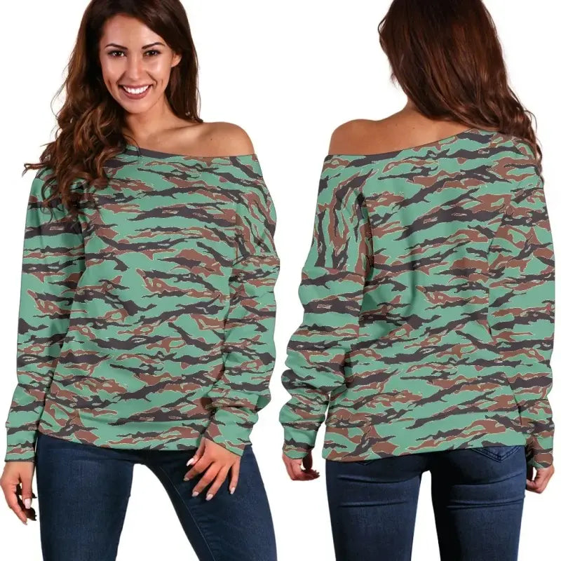 Army Guyana Tiger Stripe Camouflage Seamless Womens Off Shoulder Sweater RLT8 - Wonder Print Shop