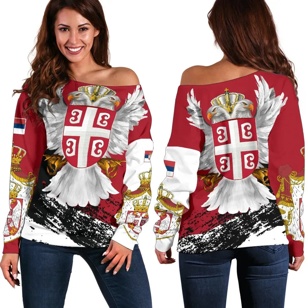 Serbia Off Shoulder Sweater Serbian White Eagle RLT7 - Wonder Print Shop