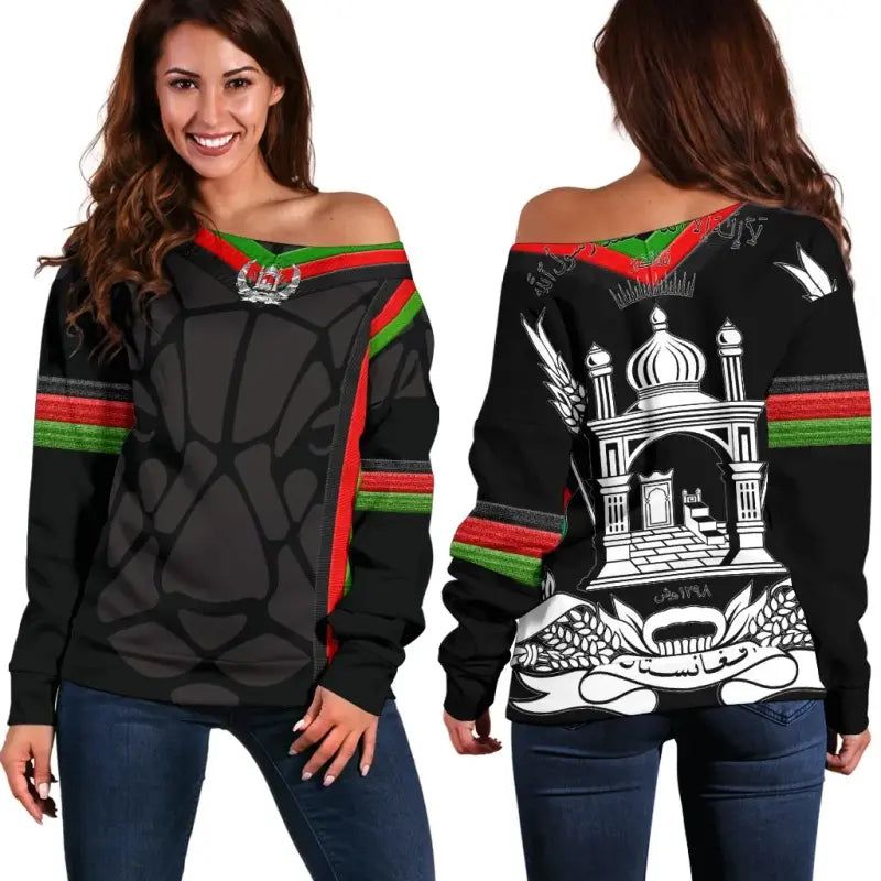 Wonder Print Shop Off Shoulder Sweaters, Afghanistan Coat Of Arm and Flag RLT8 - Wonder Print Shop