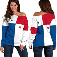 Women’s off-shoulder sweater with Panama flag print, red white blue blocks and stars