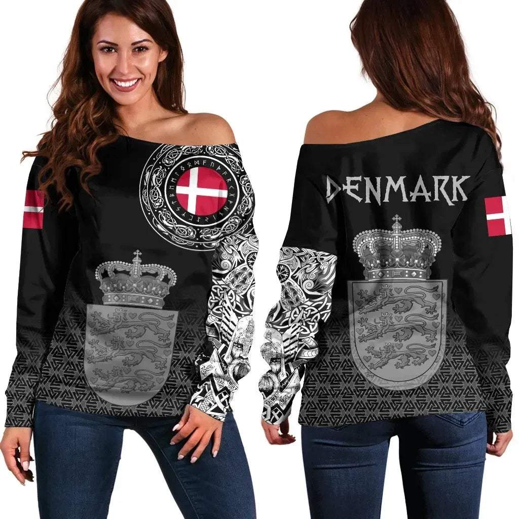 Viking Off Shoulder Sweater, Denmark Coat Of Arms RLT13 - Wonder Print Shop