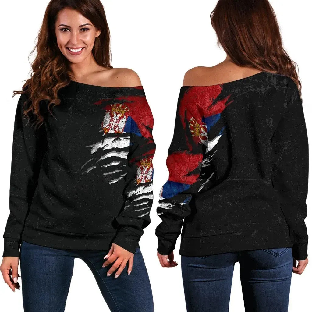 Serbia In Me Women's Off Shoulder Sweater Special Grunge Style RLT7 - Wonder Print Shop