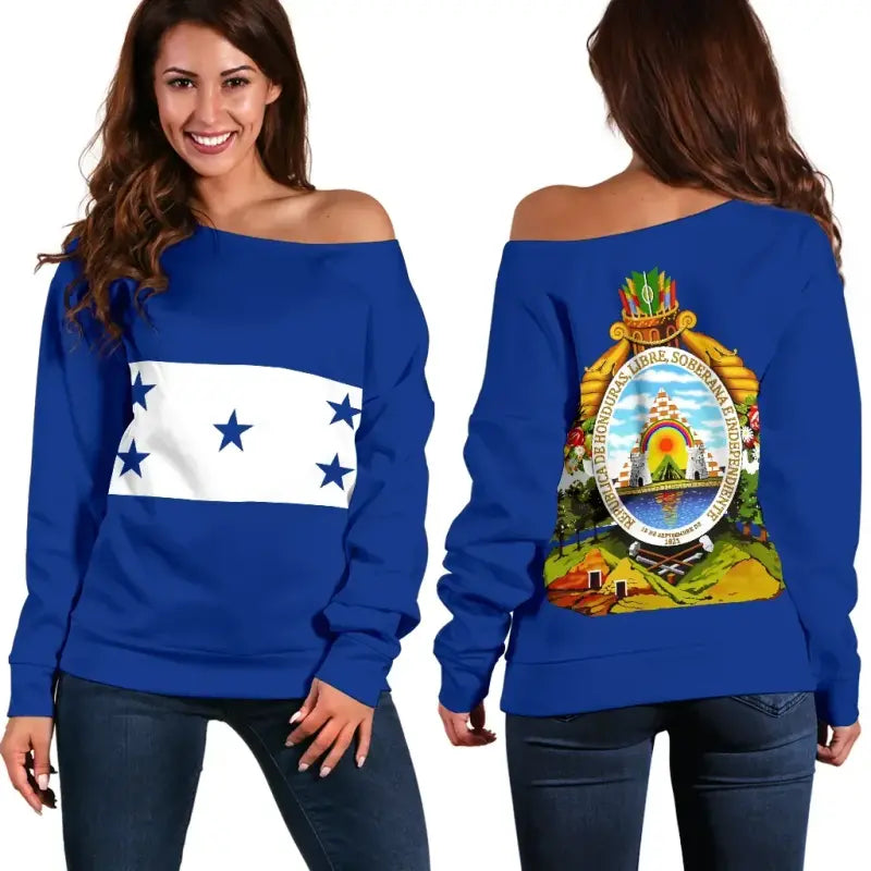 Honduras Off Shoulder Sweater Flag with Coat of Arms RLT8 - Wonder Print Shop