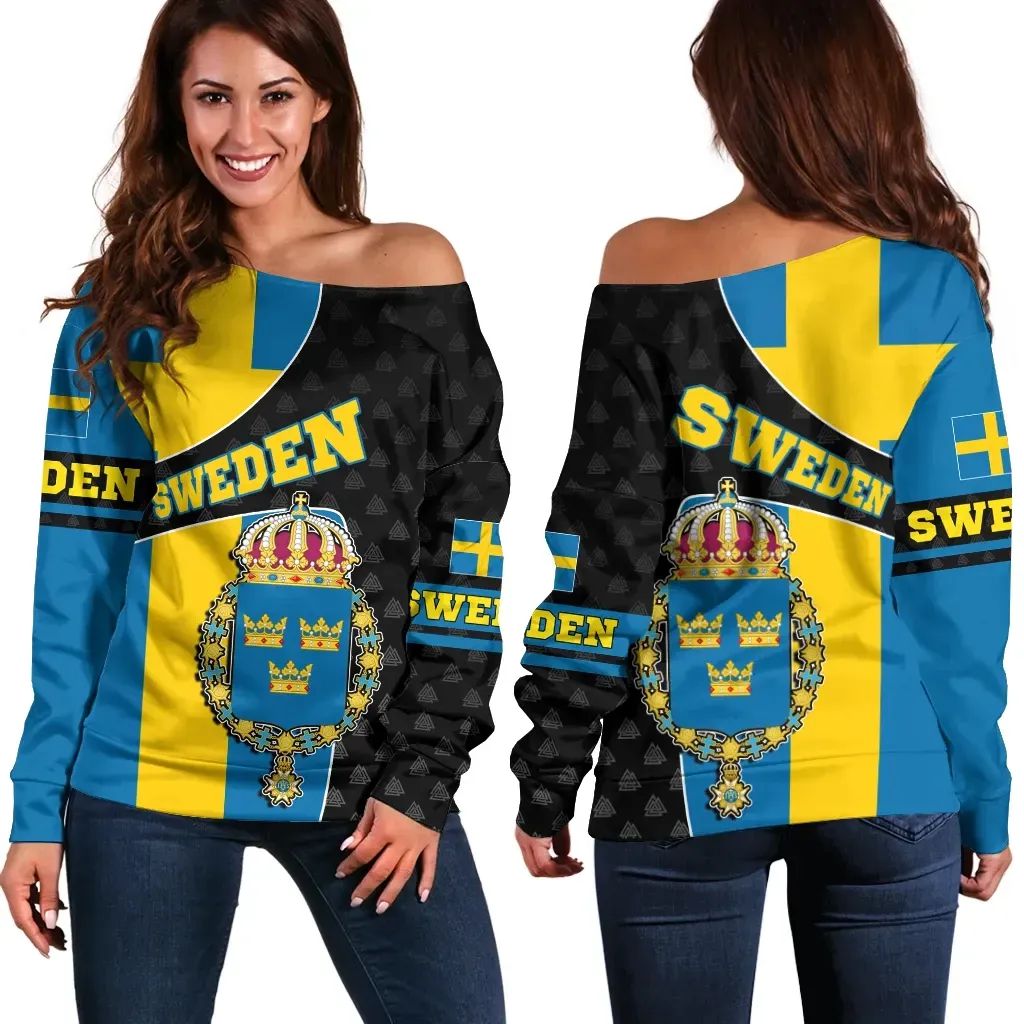 Sweden Off Shoulder Sweater Flag and Valknut Symbols RLT7 - Wonder Print Shop