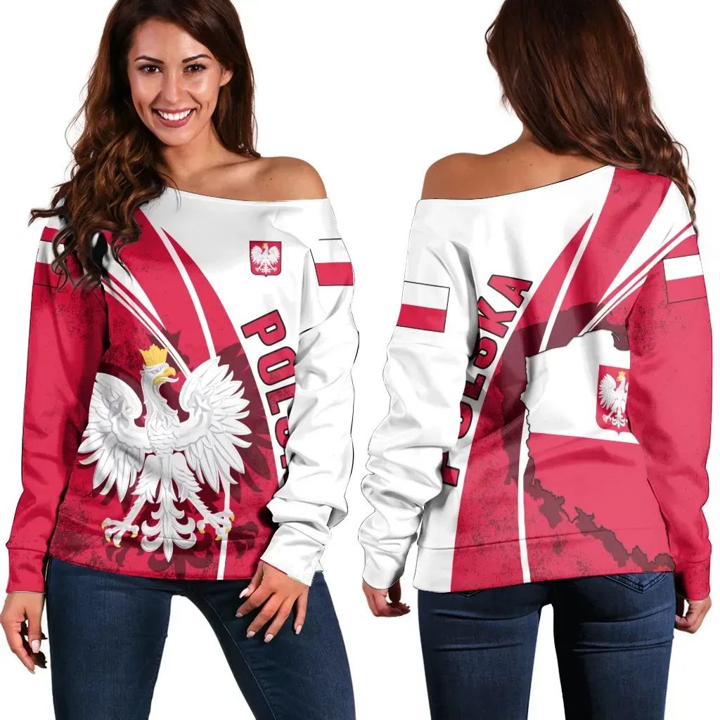 Women’s off-shoulder sweater with Poland flag graphic, eagle crest and coat of arms print