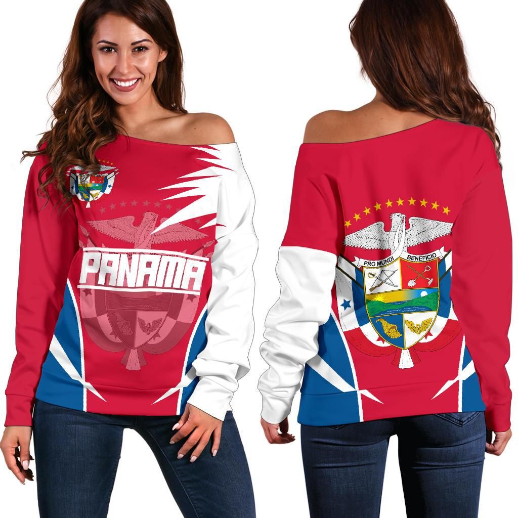 Women’s off-shoulder sweater with Panama graphic front, red/white/blue, long sleeves