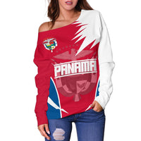Off-shoulder long-sleeve sweater featuring Panama graphic, red with white sleeve panel