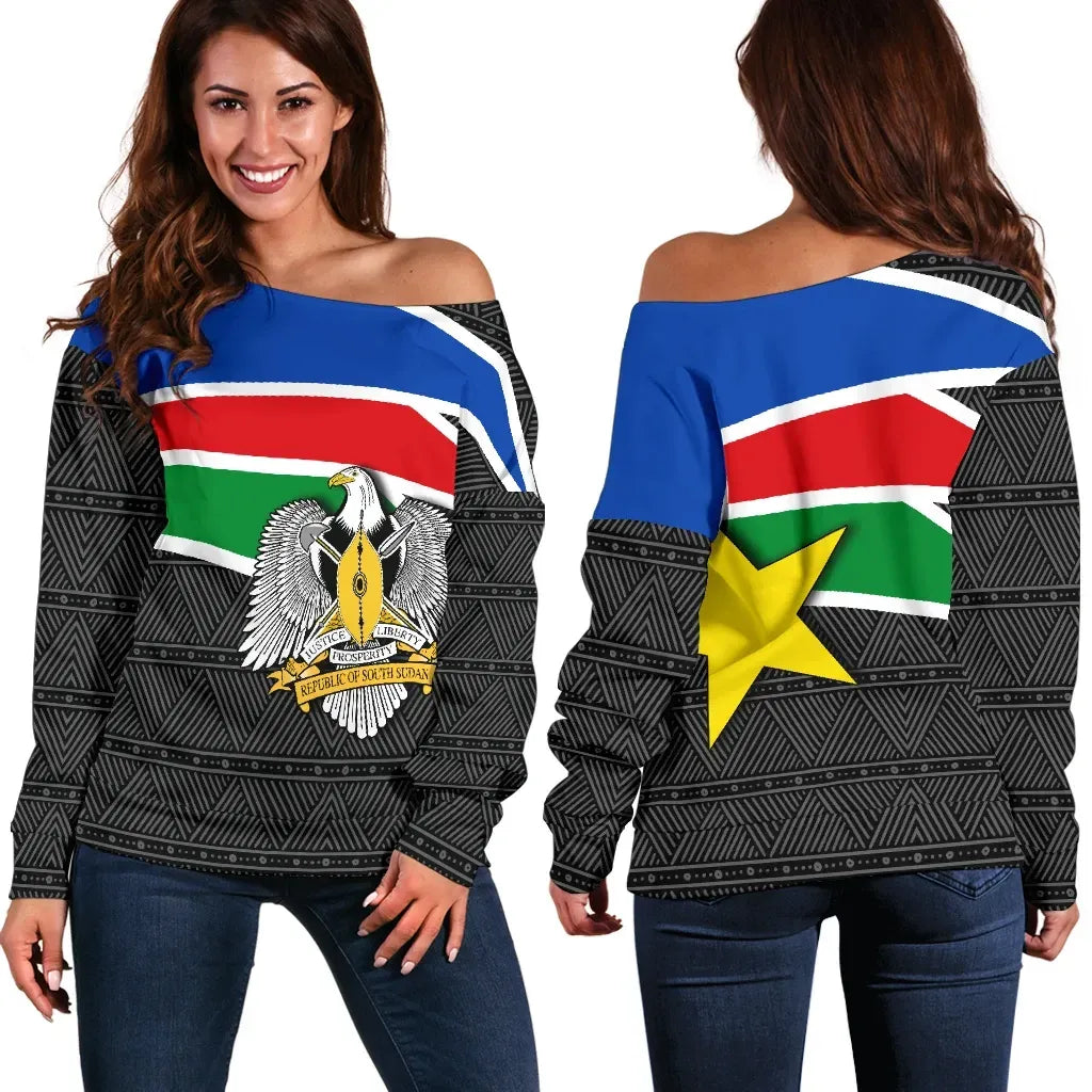 South Sudan Womens Off Shoulder Sweater Flag Coat Of Arms RLT8 - Wonder Print Shop