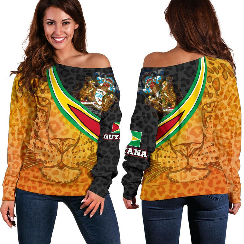 Guyana Womens Off Shoulder Sweater, Guyana Coat of Arms and Jaguar Patterns RLT8 - Wonder Print Shop