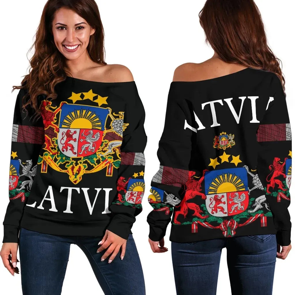 Latvia, United Women's Off Shoulder Sweater RLT6 - Wonder Print Shop