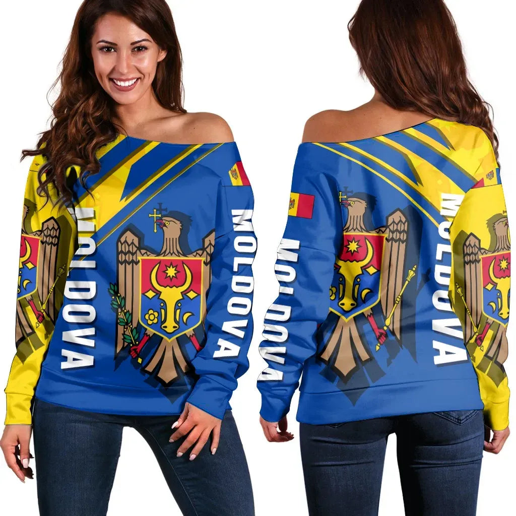 Wonder Print Shop Moldova Off Shoulder Sweater, Flag and Coat Of Arms A22 RLT13 - Wonder Print Shop