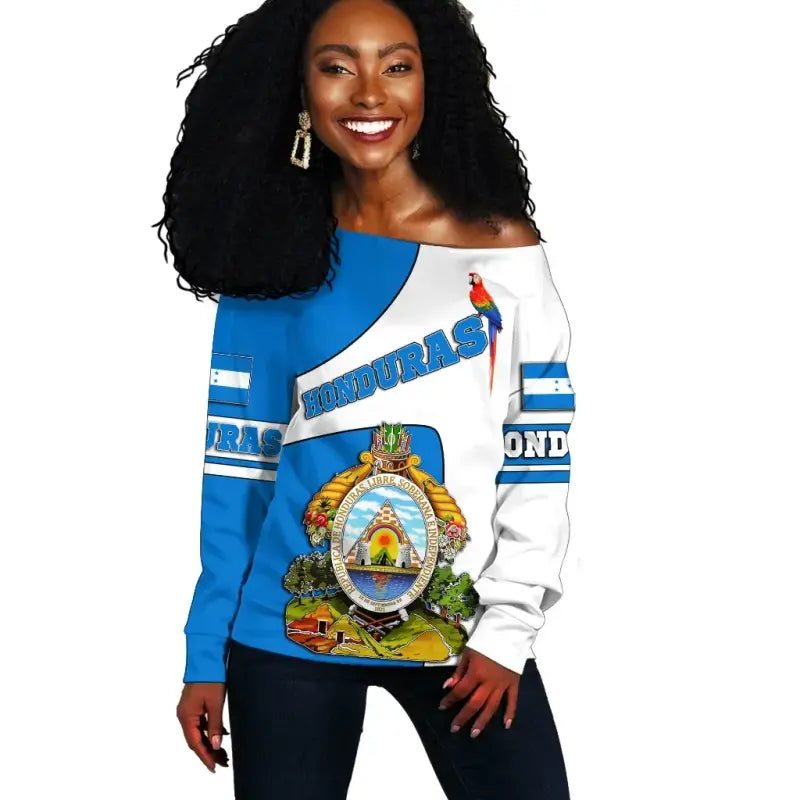 Honduras Off Shoulder Sweater, Flag and Coat of Arms RLT8 - Wonder Print Shop