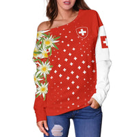 Red off-shoulder sweater with floral daisies and Swiss cross on white-plus pattern