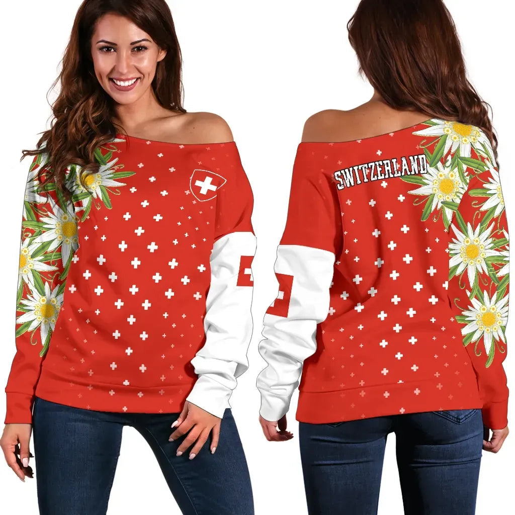 Red off-shoulder sweater with Swiss cross, white plus pattern, floral daisy accents