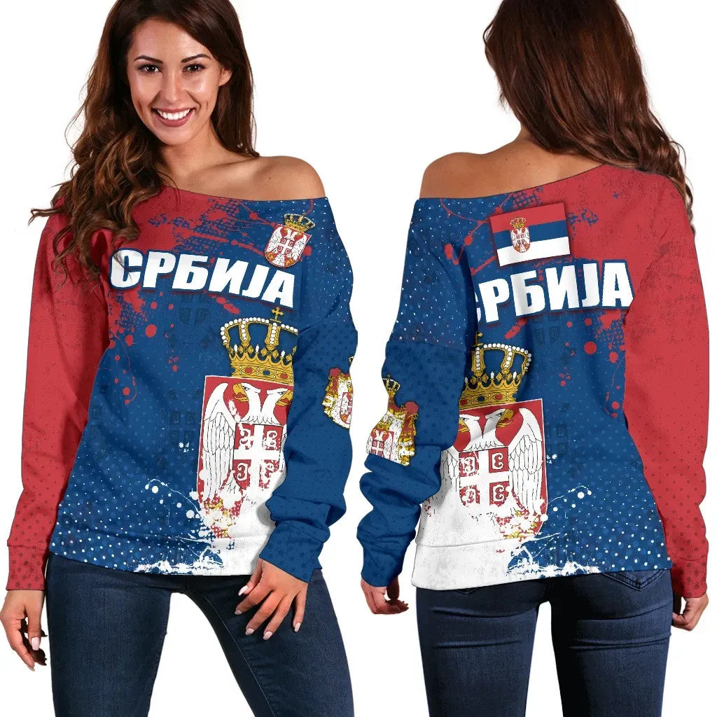 Serbia Off Shoulder Sweater The Great Serbia Serbian Language, RLT7 - Wonder Print Shop