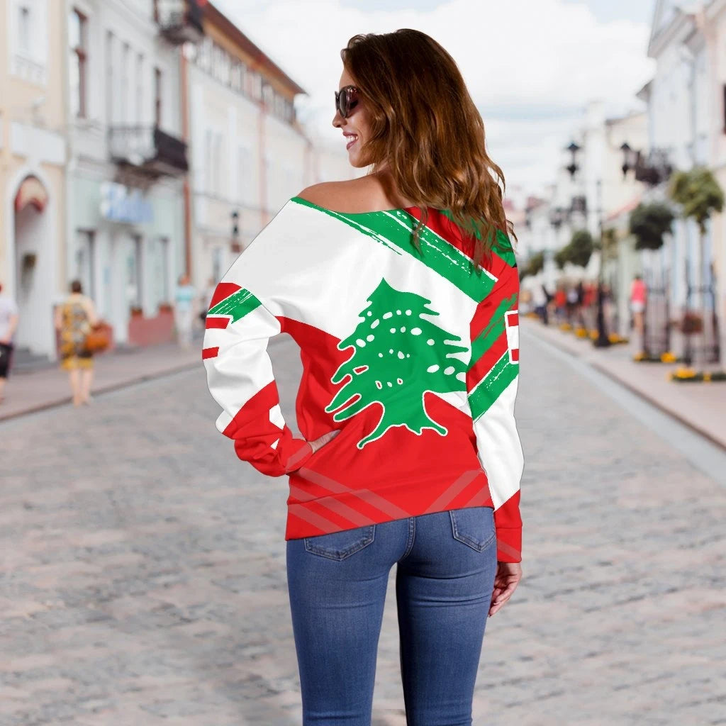 Back view off-shoulder sweater with Lebanon flag polygon print and tree emblem, long sleeves