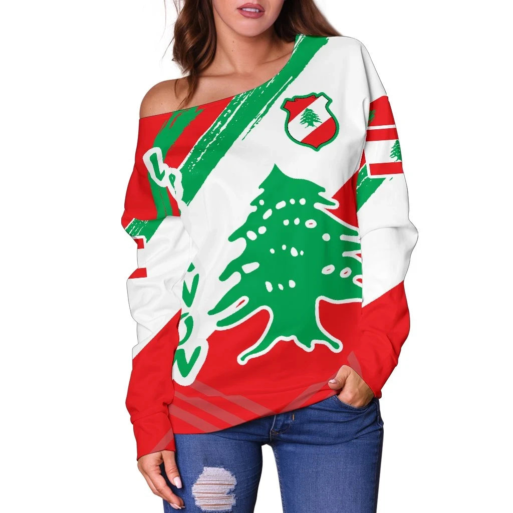 Off-shoulder sweater with Lebanon flag polygon design, wide neckline, red white green