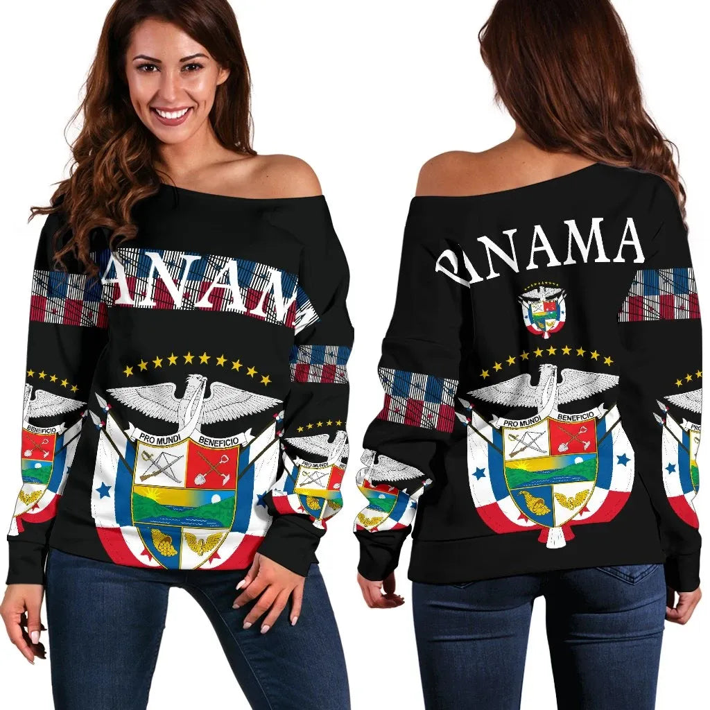 Black off-shoulder sweater with PANAMA graphic and flag crest