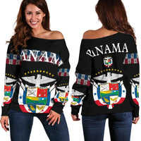 Black off-shoulder sweater with PANAMA graphic and flag crest