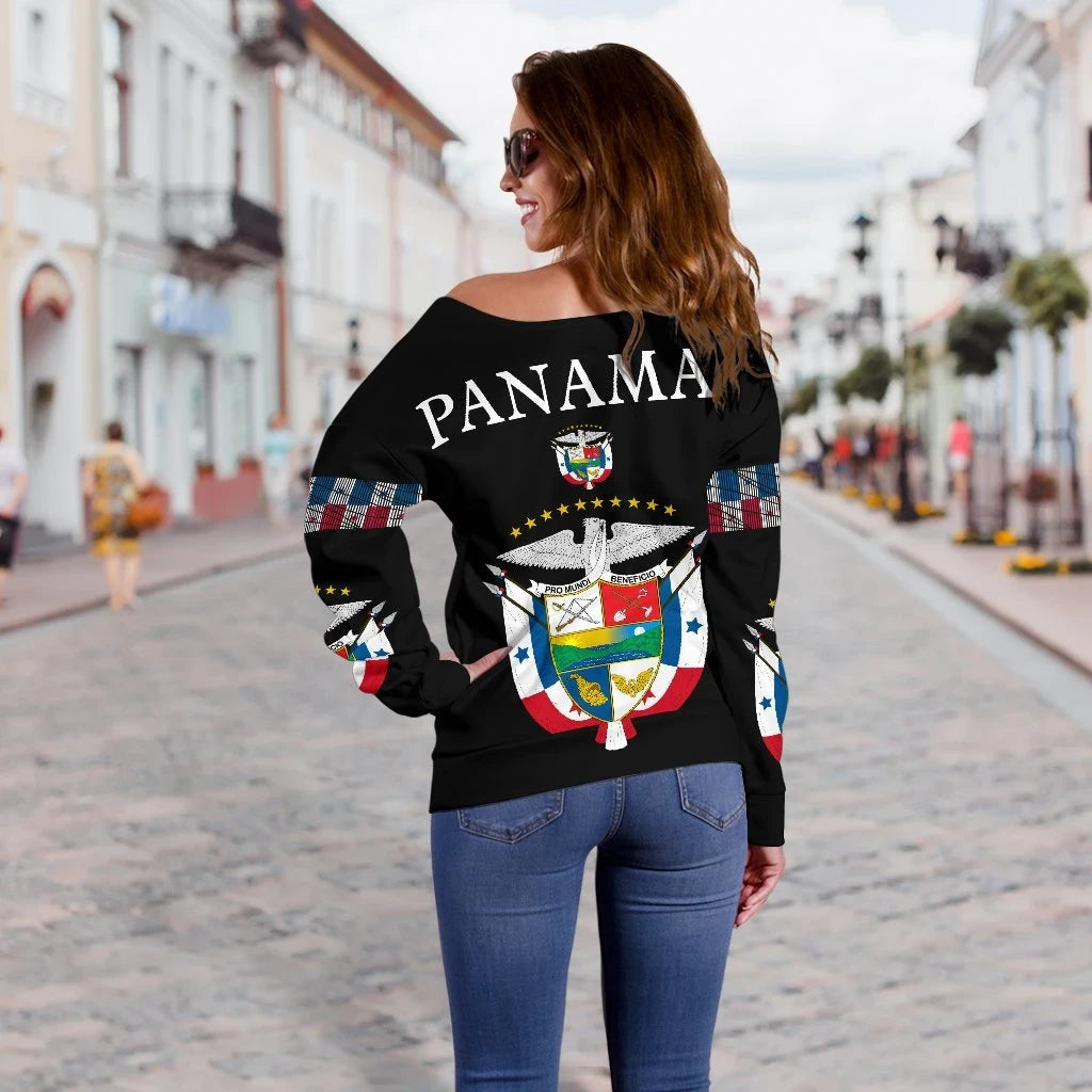 Black off-shoulder sweater, back view with PANAMA text and crest emblem