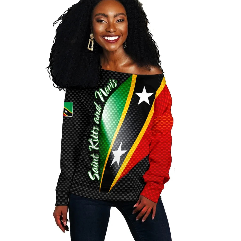 Women’s off-shoulder sweater, black with Saint Kitts & Nevis flag print (red/green/yellow)