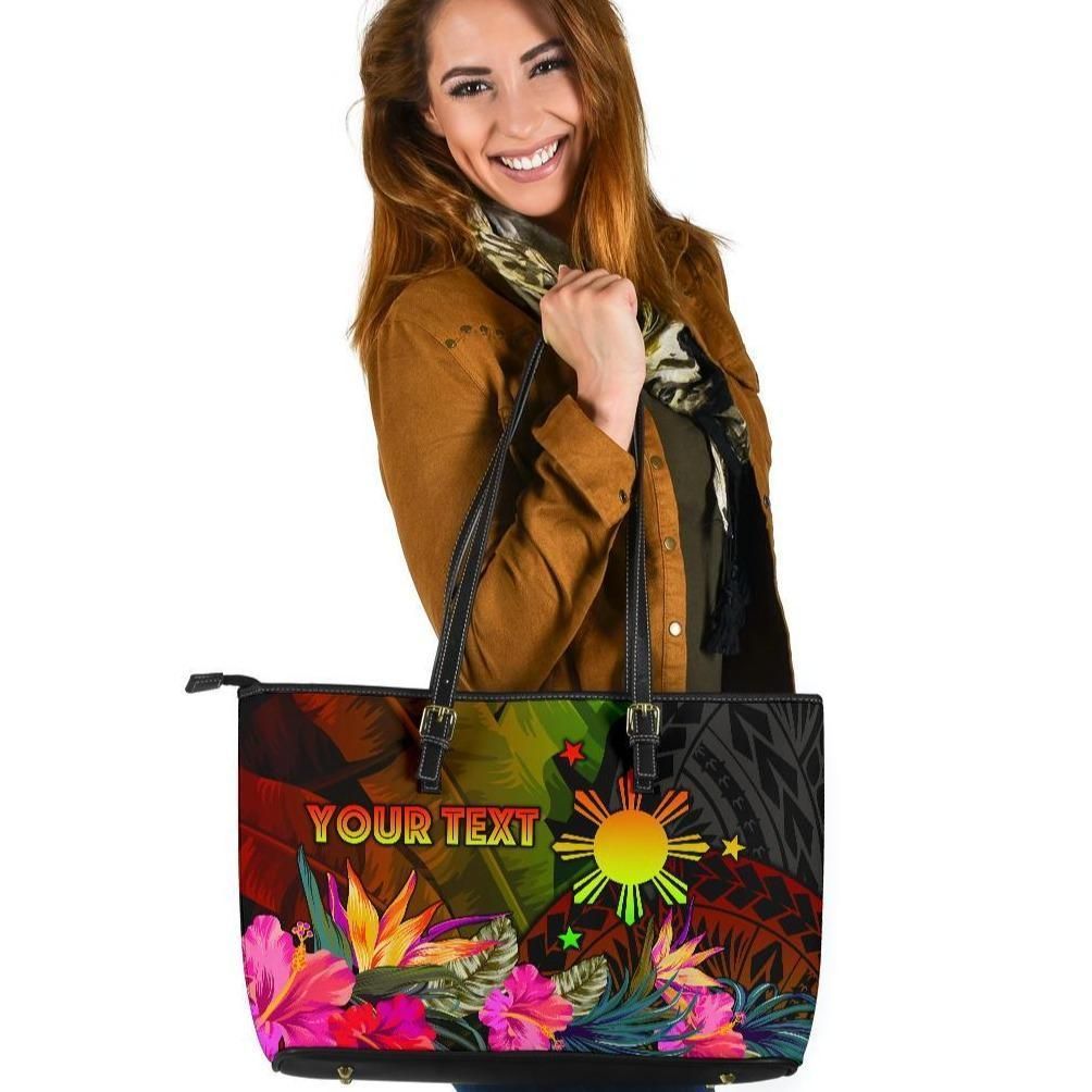 The Philippines Polynesian Personalised Leather Tote Bag Hibiscus and Banana Leaves RLT6 - Wonder Print Shop