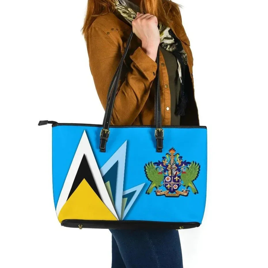 Saint Lucia Leather Tote Bag Flag With Coat Of Arms RLT6 - Wonder Print Shop