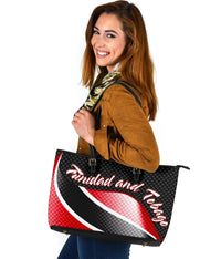 Tote bag side view with Trinidad & Tobago flag graphic, black check texture, red