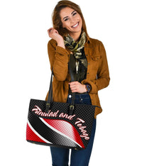Tote bag with Trinidad & Tobago flag design, black/red, gold-tone buckle accents