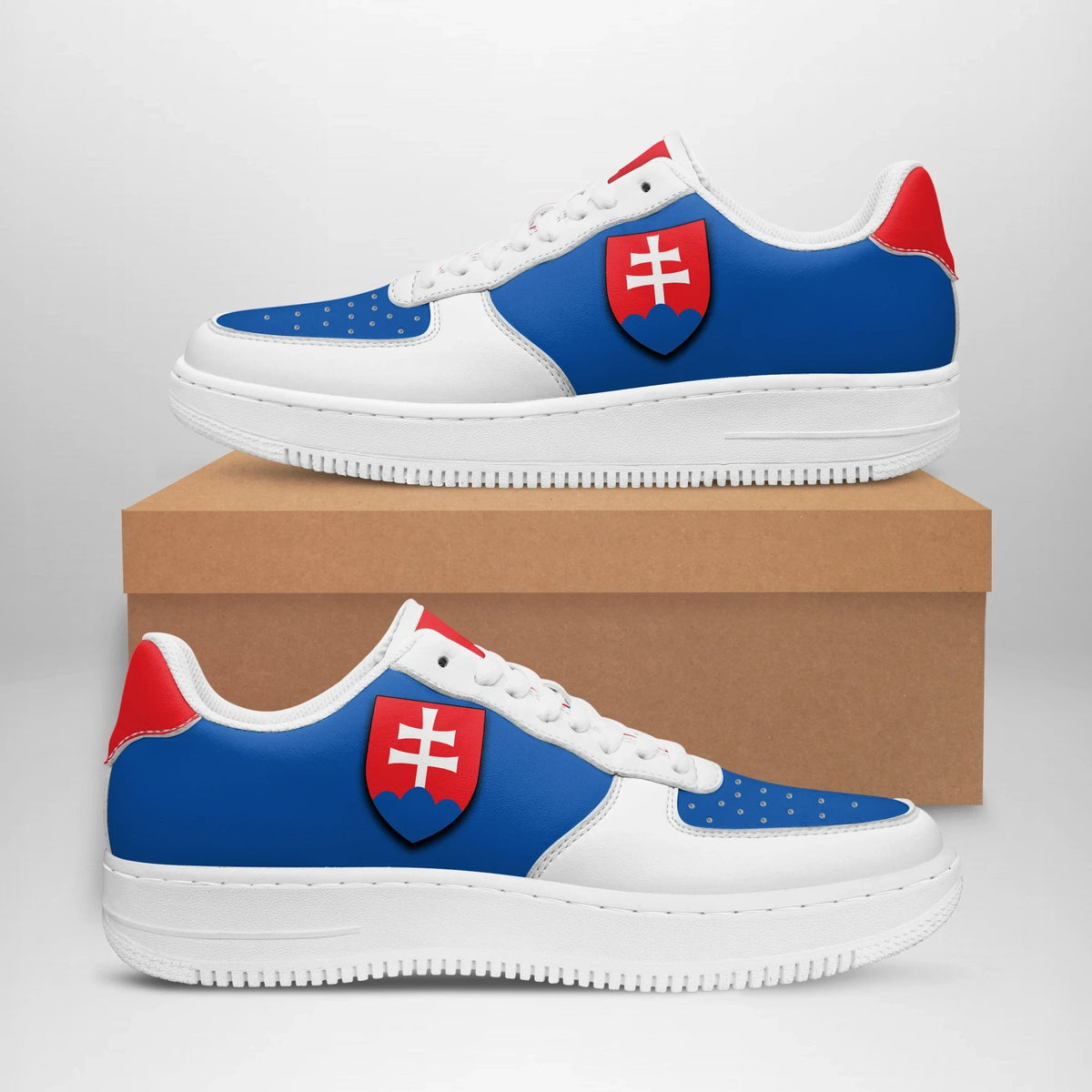 Blue and white low-top sneakers with Slovakia shield patch and red heel accent