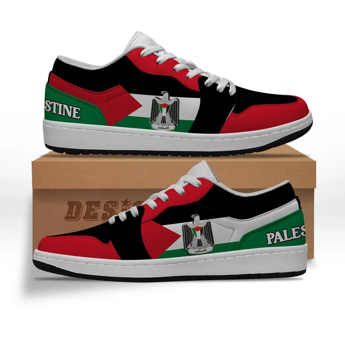 Low-top sneakers with red, black, and white panels; Palestine coat of arms side print