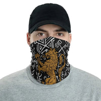 Norway neck gaiter with black background, gold lion and white Viking rune symbols
