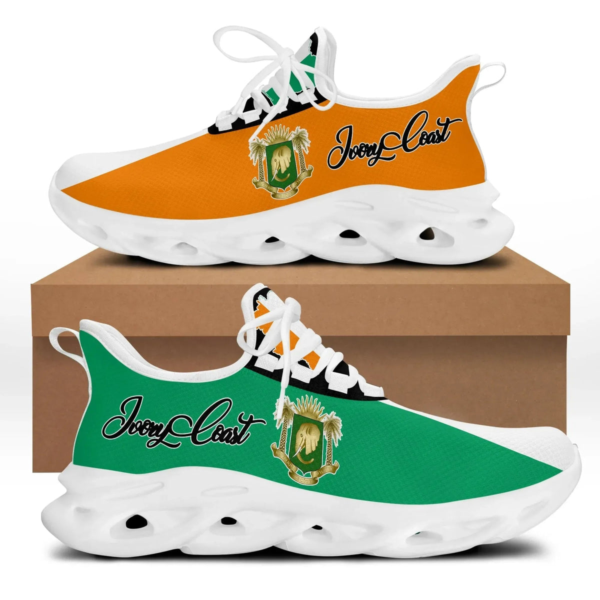Clunky sneakers with orange and green upper, white laces, and white ridged sole