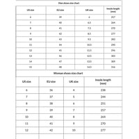 Shoes size chart table with US, EU, UK sizes and insole length in millimeters