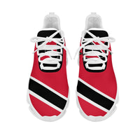 Red and black chunky sneakers pair, white laces, side stripes and logo detail