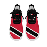 Red and black chunky sneakers pair, black laces, side stripe and logo detail