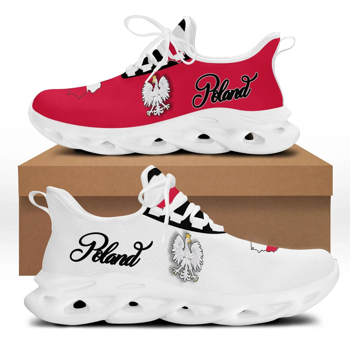 Red knit Poland-themed clunky sneakers, white outsole, lace-up front