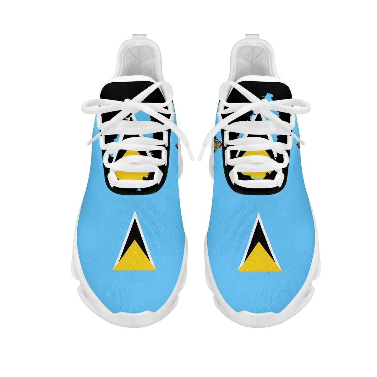 Saint Lucia clunky sneakers, front view with blue upper, white laces, thick white sole