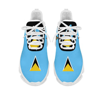 Saint Lucia clunky sneakers, front view with blue upper, white laces, thick white sole
