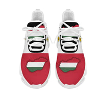 Front view chunky sneakers with Hungary map print on red, black laces, white sole