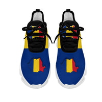 Romania flag sneakers, blue upper with Romania map, black laces, white sole